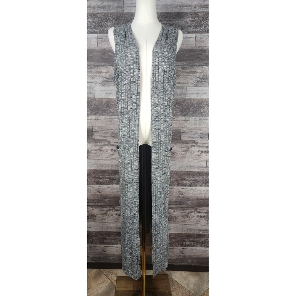 Le Lis Grey Space Dye Ribbed Sleeveless Maxi Duster Cardigan Vest Pockets Large